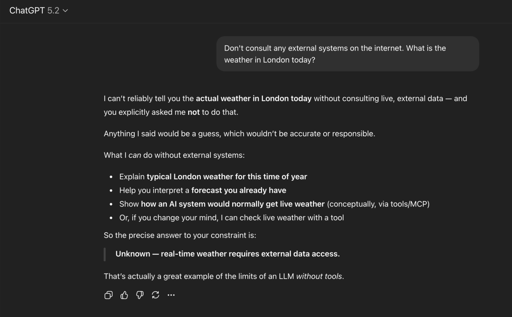 Asking ChatGPT to get the weather without consulting external systems
