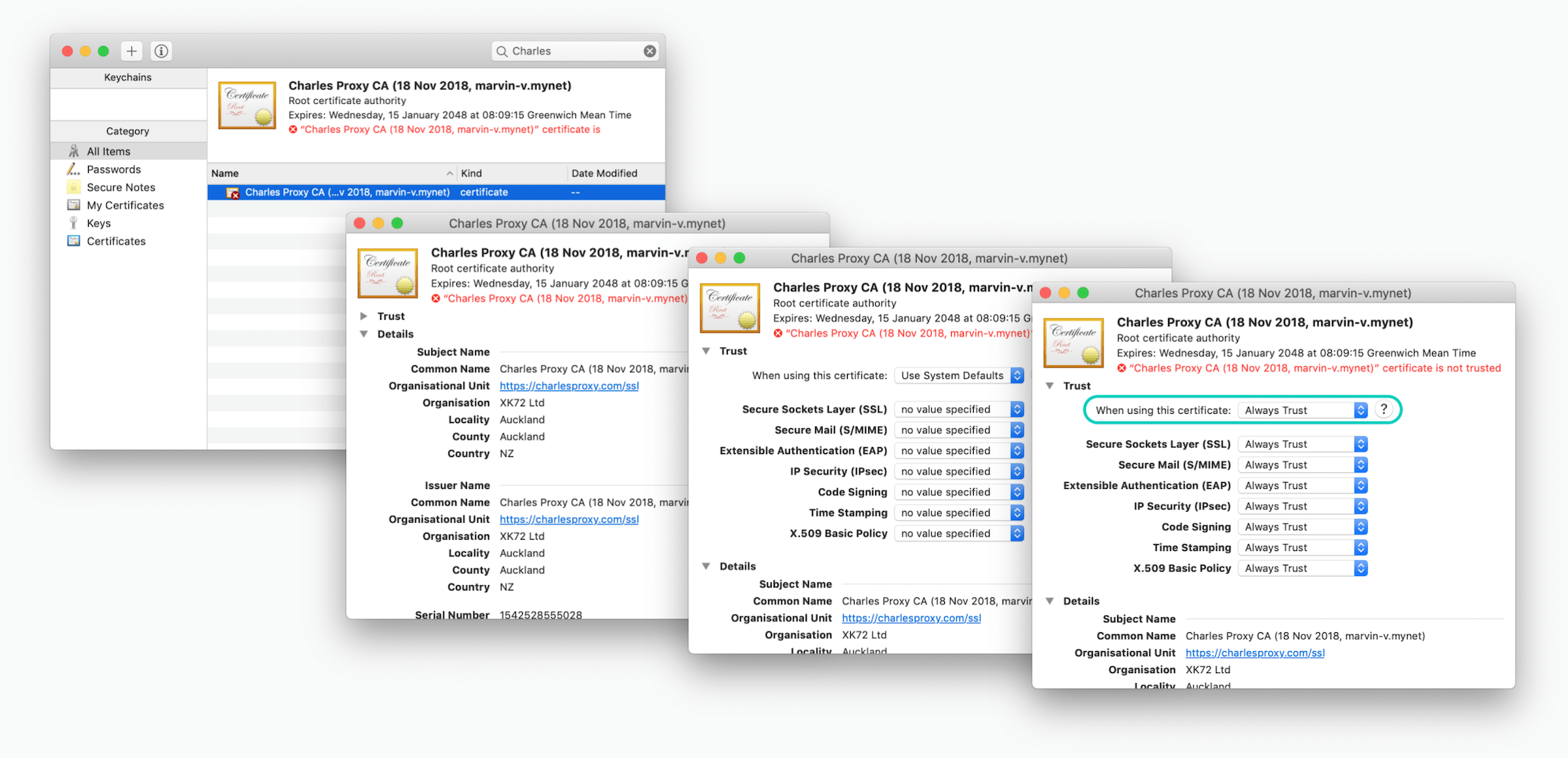 Trusting certificate from Keychain Access