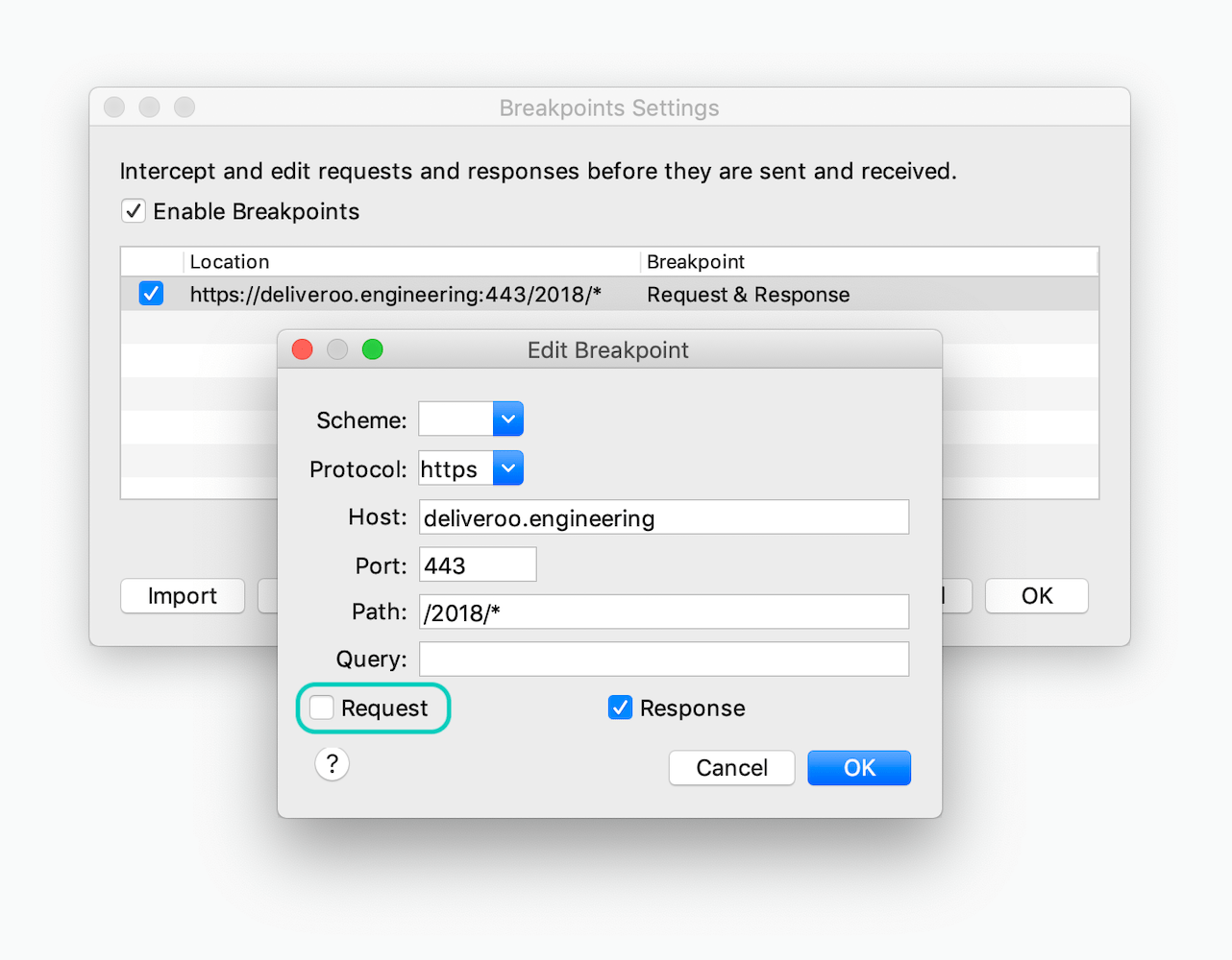 Edit Breakpoint dialog to uncheck Request option