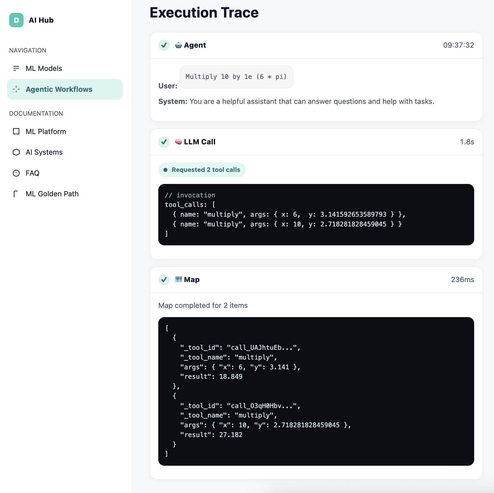 A trace from a simple toy agent that uses calculator tools to resolve free text math problems