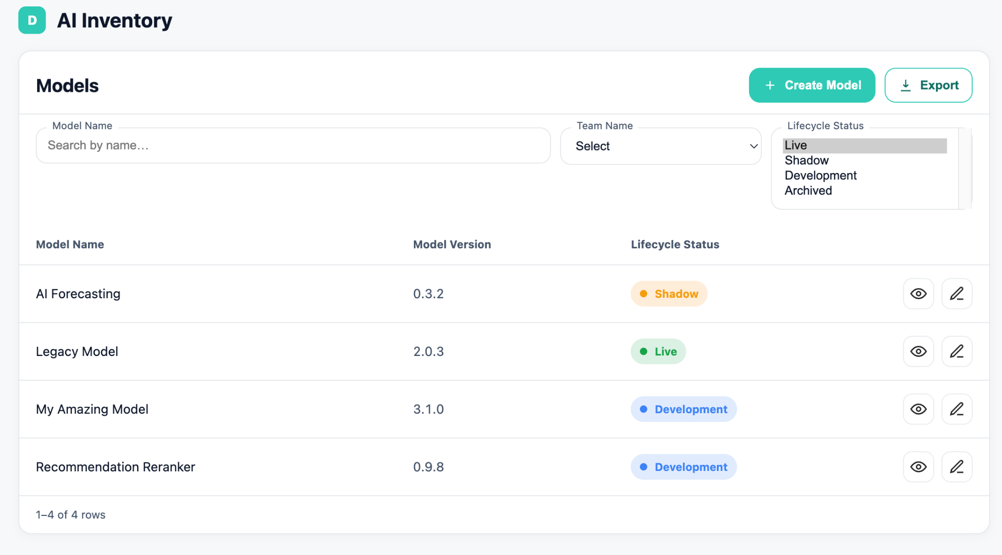 Illustrative example of the AI Inventory showing models with their versions and lifecycle statuses